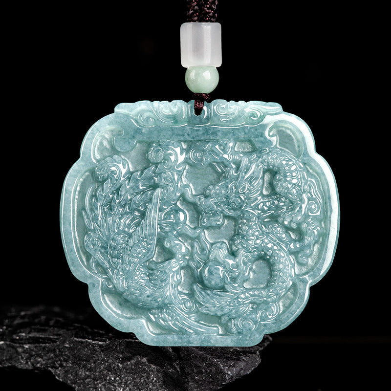 Natural a Cargo Jade Blue Water Prosperity Brought by the Dragon and the Phoenix Pendant Couple Dragon and Phoenix Pendant Pendant Men's Necklace Women's Wholesale