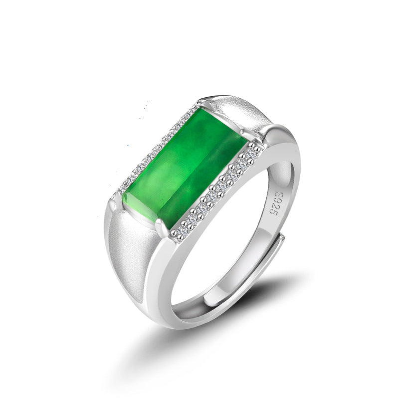 Natural a Cargo Emerald Green Saddle Ring Ice Jade Stone Ring S925 Silver Fashion Ring Men's and Women's Adjustable Jade Rings