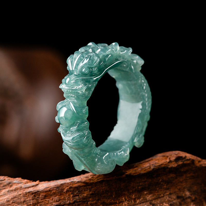 High-End Natural a Cargo Jade Blue Dragon King Ring Three-Dimensional Carving Ice Jade Stone Jade Ring Dragon Thumb Ring Man's Ring Jade Rings