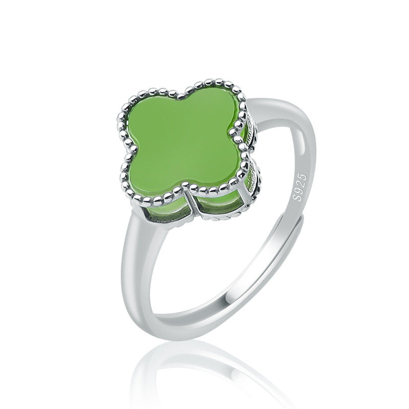 Natural Old Material Hetian Jade Green Jade Four-Leaf Clover Ring Jade S925 Silver Inlay Women's Ring Fashion Ring Direct Wholesale Jade Rings