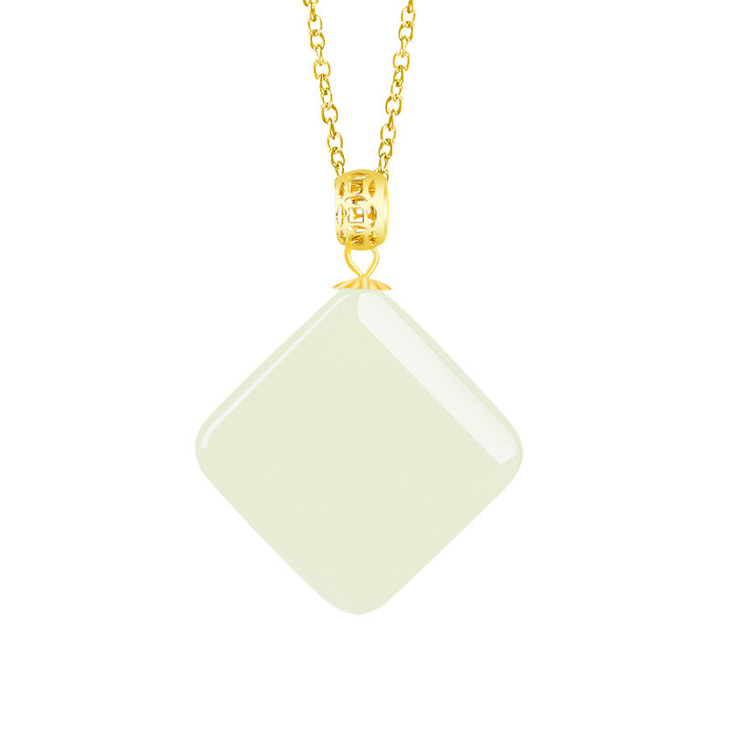 Natural old Hotan Jade sapphire square pendant genuine 18K gold inlaid white jade necklace pendant for women Hetian jade