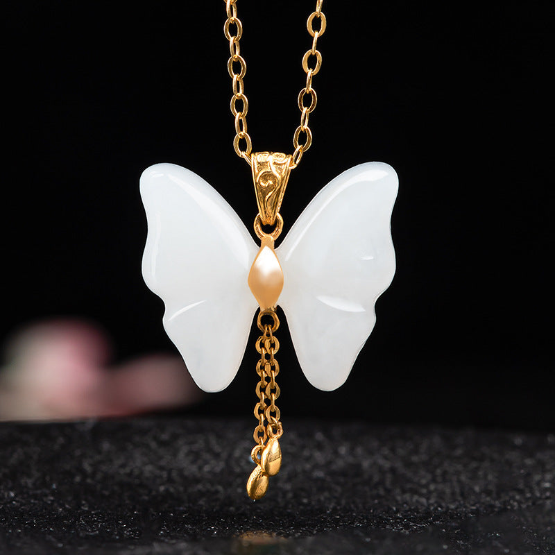 Natural old material Hetian jade mutton fat white jade butterfly pendant genuine 18K gold jade pendant jade pendant for men and women Hetian jade