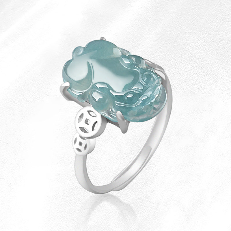 S925 Silver Inlaid Natural a Cargo Jade Blue Water Jade Ice Jade Stone Picchu Fashion Ring Women's Ring Adjustable Jade Rings