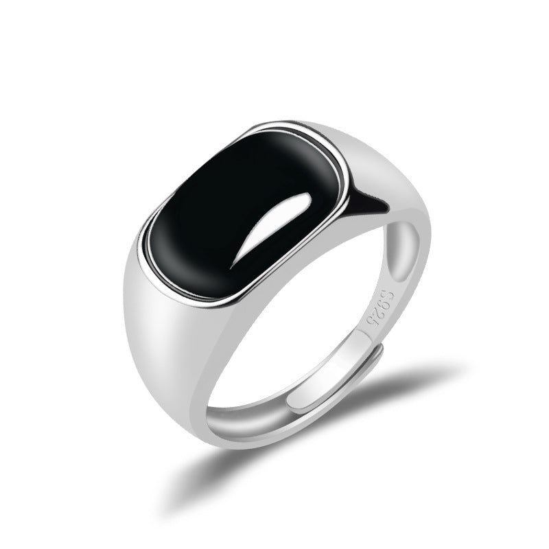 S925 Silver Inlay Natural a Cargo Jade Black Jadeite Egg Noodle Ring Saddle Ring Jade Ring High-End Men Adjustable Jade Rings