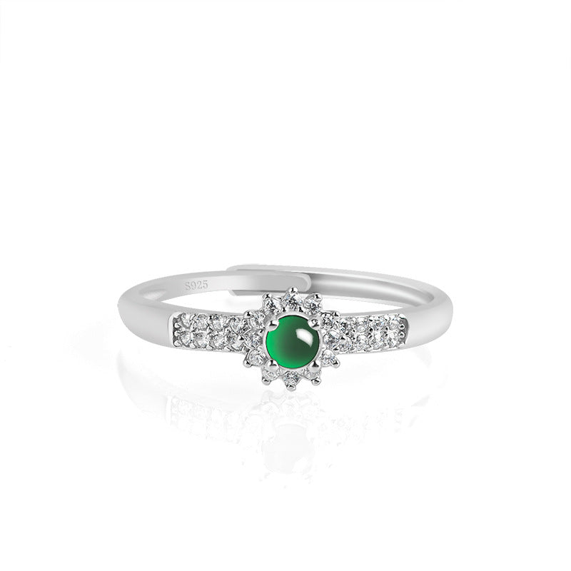 Natural a Cargo Emerald Green Egg Face Jade Ring S925 Silver Luxury Inlaid Fashion Ring Women's Ring Adjustable Jade Rings