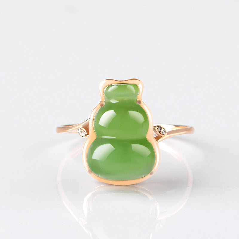 Cat's Eye Spinach Green Old Materials Hetian Jade Green Jade Gourd Natural Jade 18K Rose Gold Female Ring Fashion Ring Jade Rings