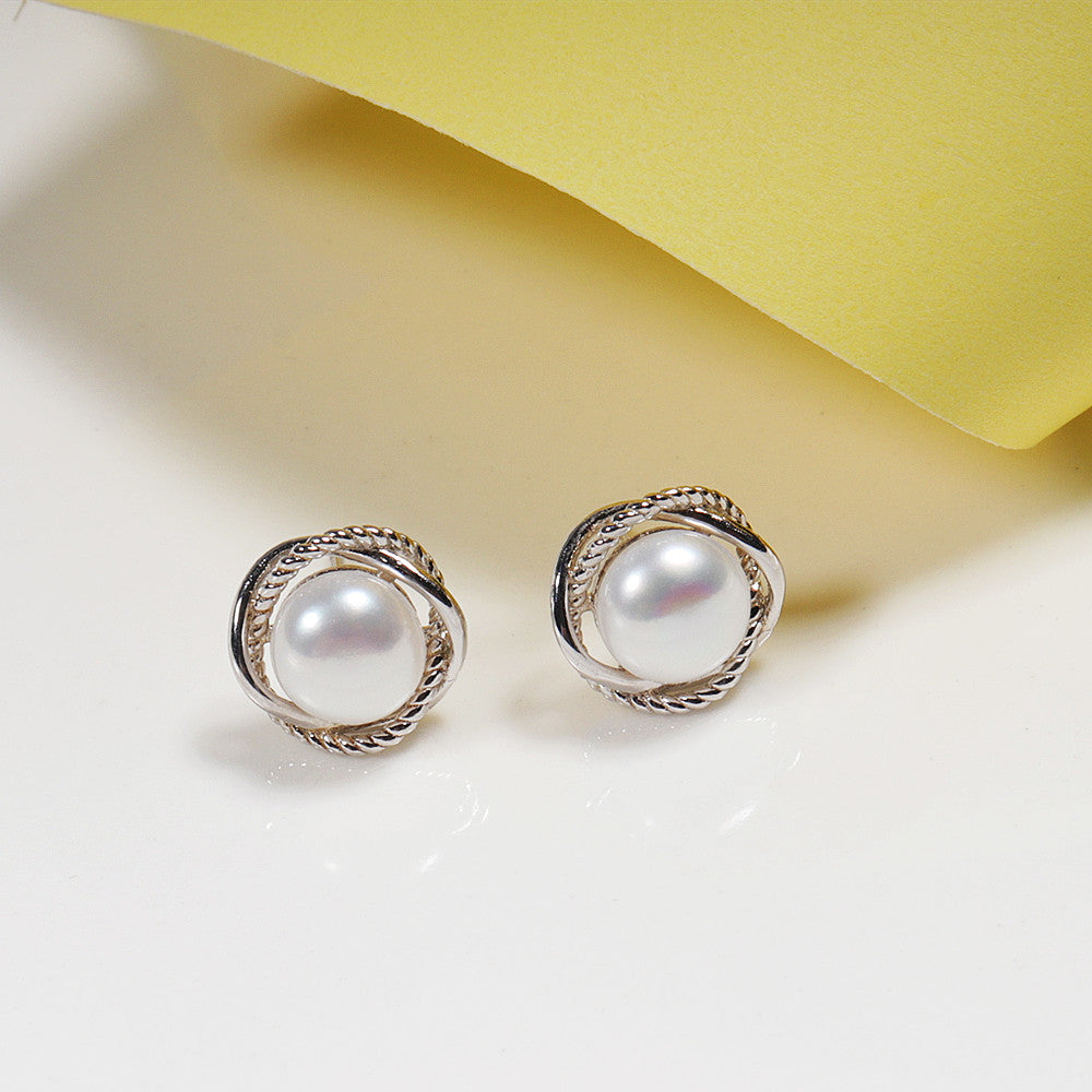 Zhuji Shanxia Lake S925 Silver Freshwater Pearl Ear Studs Female Refined Simple Earrings Twist Craft Earrings Wholesale Pearl earrings