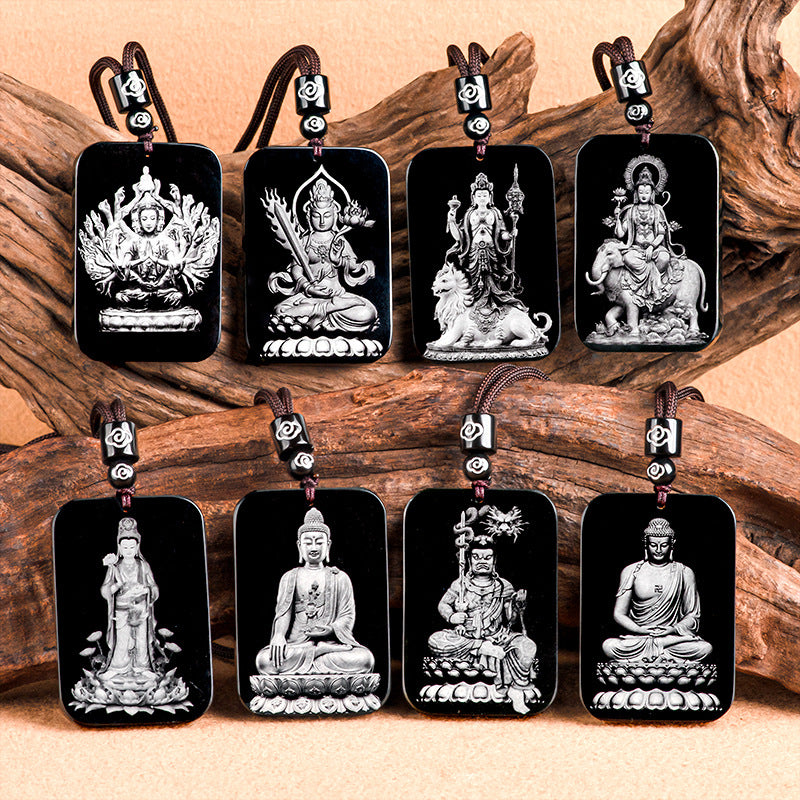 Natural old material Hotan Jade black jade shadow carving of eight patrons of the zodiac, life Buddha pendant, male and female pendant Hetian jade