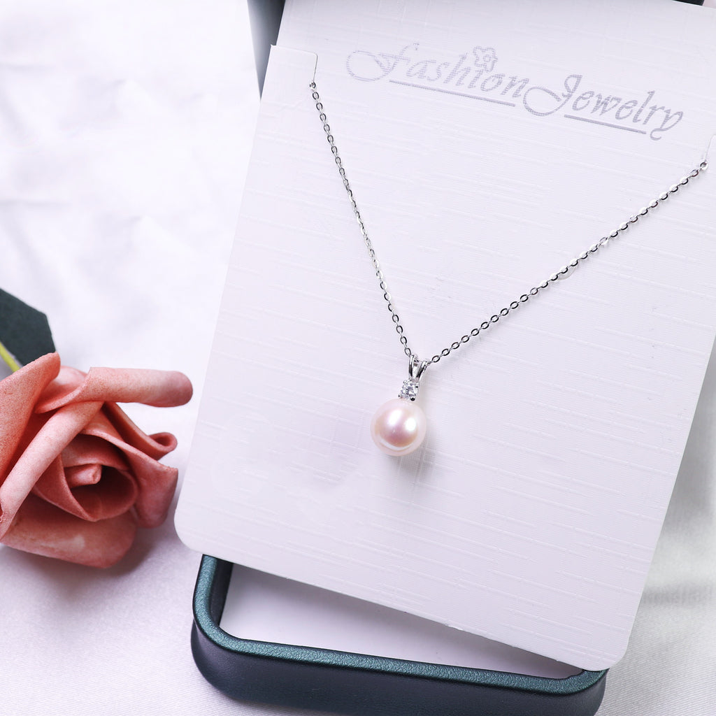 S925 Silver Pendant Freshwater Pearl Necklace Women's Single Exquisite Rabbit Ear Style Perfect Circle Strong Light Clavicle Chain Wholesale Pearl Necklace