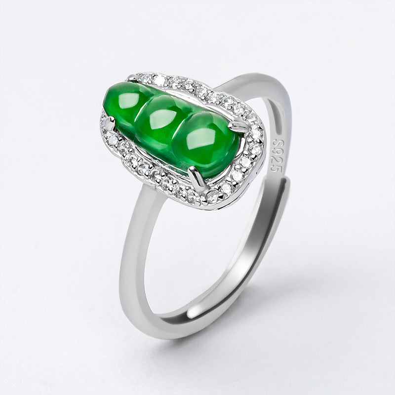 S925 Silver Inlay Natural a Cargo Jade Sauteed Green Beans Green Ice Jade Stone Ring Fashion Ring Women's Adjustable Jade Rings