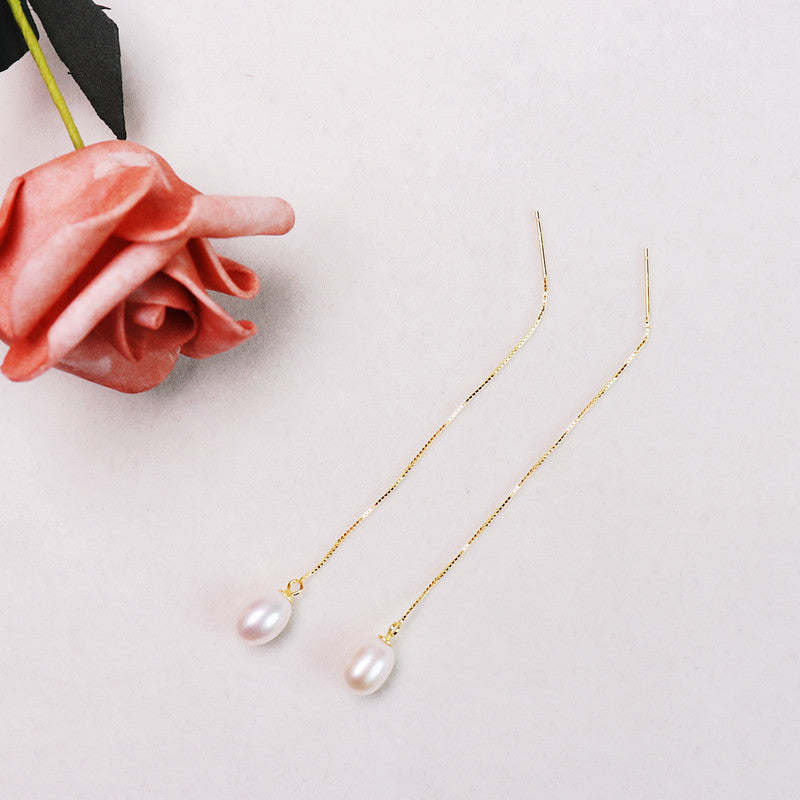 Zhuji Mountain Lake White Freshwater Pearl Ear Line S925 Silver Long Ins Style Korean Style Perfect Circle Earrings Wholesale Pearl earrings