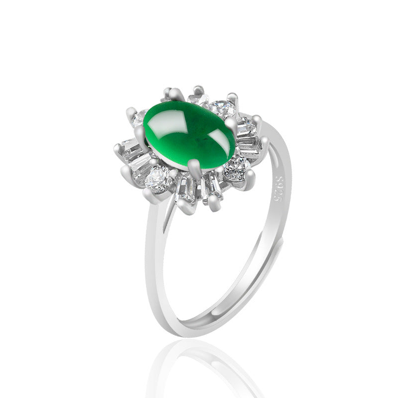 Natural a Cargo Emerald Sun Green Ring Ice Jade Stone S925 Silver Luxury Inlaid Fashion Ring Women's Ring Adjustable Jade Rings