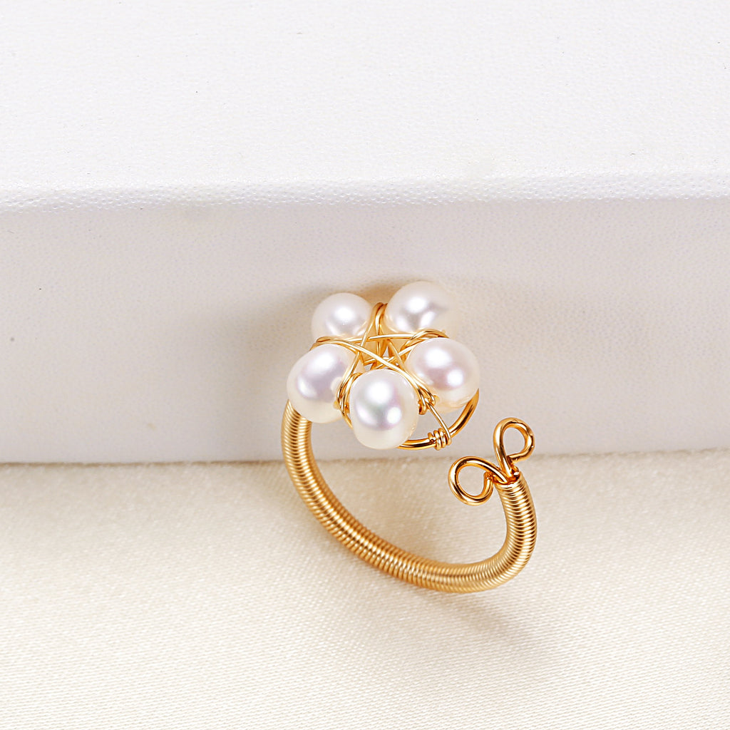 Factory Direct Supply Elegant Freshwater Pearl Small Flower Ring Girly and Fashion Handmade Winding Ins Style Ring Bracelet Pearl Rings