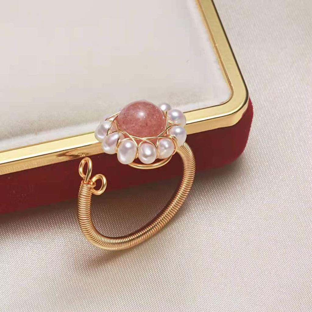 Fresh Pearl Winding Ring Opening Adjustable Bracelet Strawberry Quartz Inlaid Jewelry Can Be Wholesale in Batches Pearl Rings