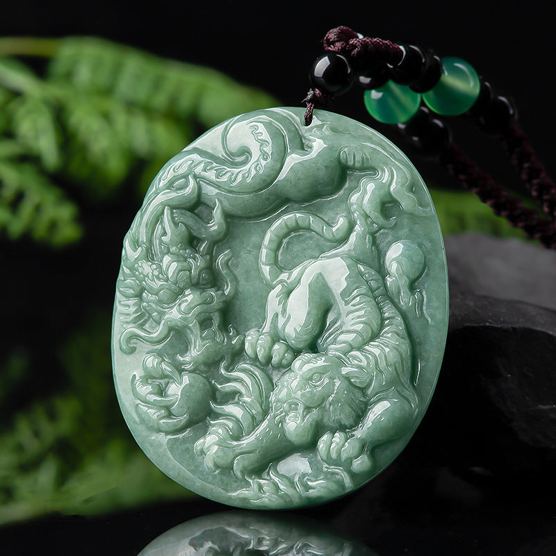 Natural a Cargo Jade Crouching Tiger Hidden Dragon Pendant Ice Jade Stone Pendant Zodiac Dragon Tiger Men and Women Jade Pendant Wholesale