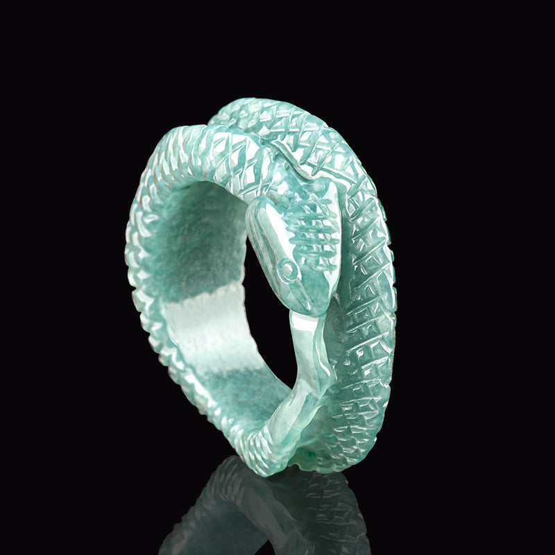 High-End Natural a Cargo Jade Blue Water Snake Ring Three-Dimensional Carving Ice Jade Stone Jade Ring Snake Thumb Ring Men and Women Ring Jade Rings