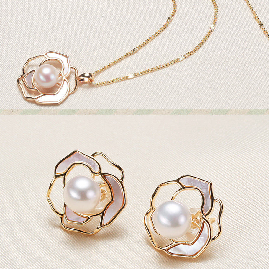 Two-Piece Set Pearl Jewelry Freshwater Pearl Jewelry Camellia Nearly Perfect Circle Suit Ear Stud Pendant Suit Pearl Necklace