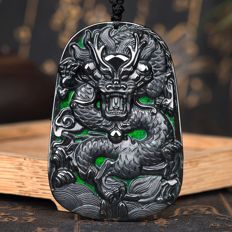 Natural A- Level Jade Dragon Brand Zodiac Dragon Pendant Black Jadeite Jade Ice-like Pendant Men's and Women's Four-Party Jade Wholesale