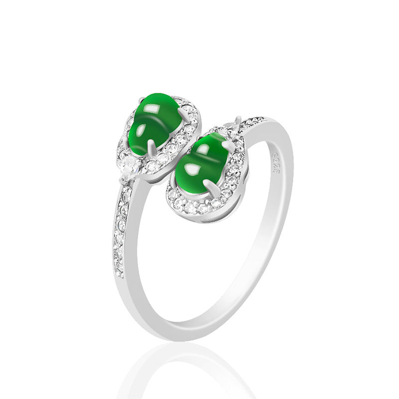 S925 Silver Inlay Natural a Cargo Jade Double Gourd Yang Green Ice Jade Stone Ring Fashion Ring Women's Adjustable Jade Rings