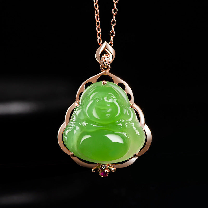 Apple green old material Hetian jade jade Buddha pendant authentic 18K rose gold inlaid pendant jade necklace for men and women. Hetian jade