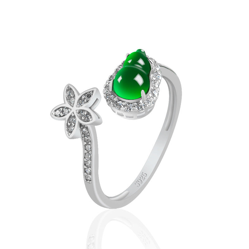 S925 Silver Inlaid Natural a Cargo Jade Gourd Yang Green Ice Jade Stone Ring Fashion Ring Women's Adjustable Jade Rings