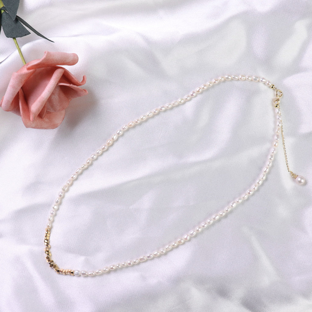 Small Petty Gold Ins Style Sweet Cool Light Luxury Freshwater Pearl Bracelet Necklace S925 Tail Chain Small Rice-Shaped Beads Suit Female Wholesale pearl bracelet