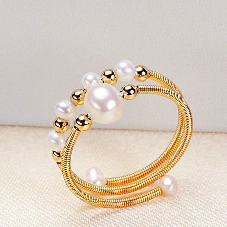 Factory Direct Supply Elegant Freshwater Pearl Double-Layer Ring Girly and Fashion Handmade Winding Ins Style Ring Bracelet Pearl Rings