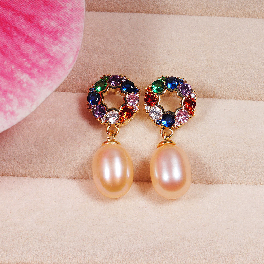 Zhuji Shanxia Lake Freshwater Pearl Ear Studs Women's Colorful Zircon Earrings Simple Wild Earrings Wholesale One Piece Dropshipping Pearl earrings