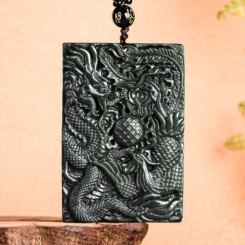 Old material, natural Hotan Jade, black jade, dragon and phoenix brand jade pendant, dragon and phoenix bring good fortune, couple style pendant for men and women Hetian jade