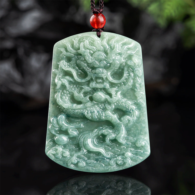 Natural A- Level Jade Domineering Dragon Pendant Jade Bean Green Ice-like Zodiac Dragon Pendant Men's Necklace Women's