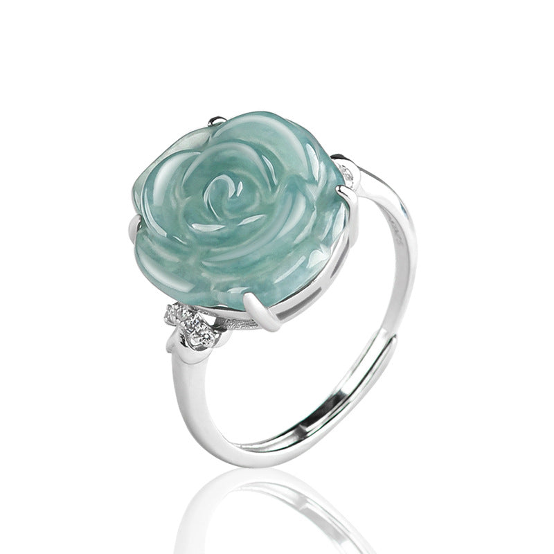 S925 Silver Inlay Natural a Cargo Emerald Blue Water Rose Ring Ice Jade Stone Fashion Ring Women's Ring Adjustable Jade Rings