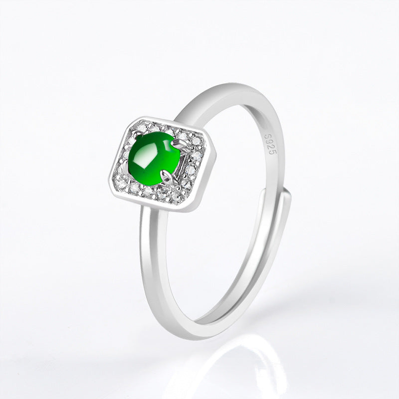 S925 Silver Inlaid Natural a Cargo Emerald Green Ice Jade Stone Ring Fashion Men's Ring Women's Adjustable Jade Rings