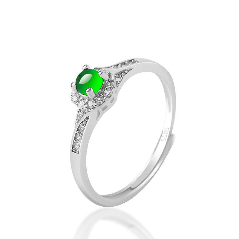 S925 Silver Inlaid Natural a Cargo Emerald Green Ice Jade Stone Ring Fashion Simple Ring for Women Women's Ring Jade Rings