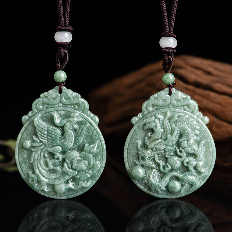 Natural a Cargo Jade Dragon and Phoenix Pendant Feng Zodiac Dragon Dragon and Phoenix Pendant Feng Jade Pendant Ice-like Pendant Men's and Women's Jade Wholesale