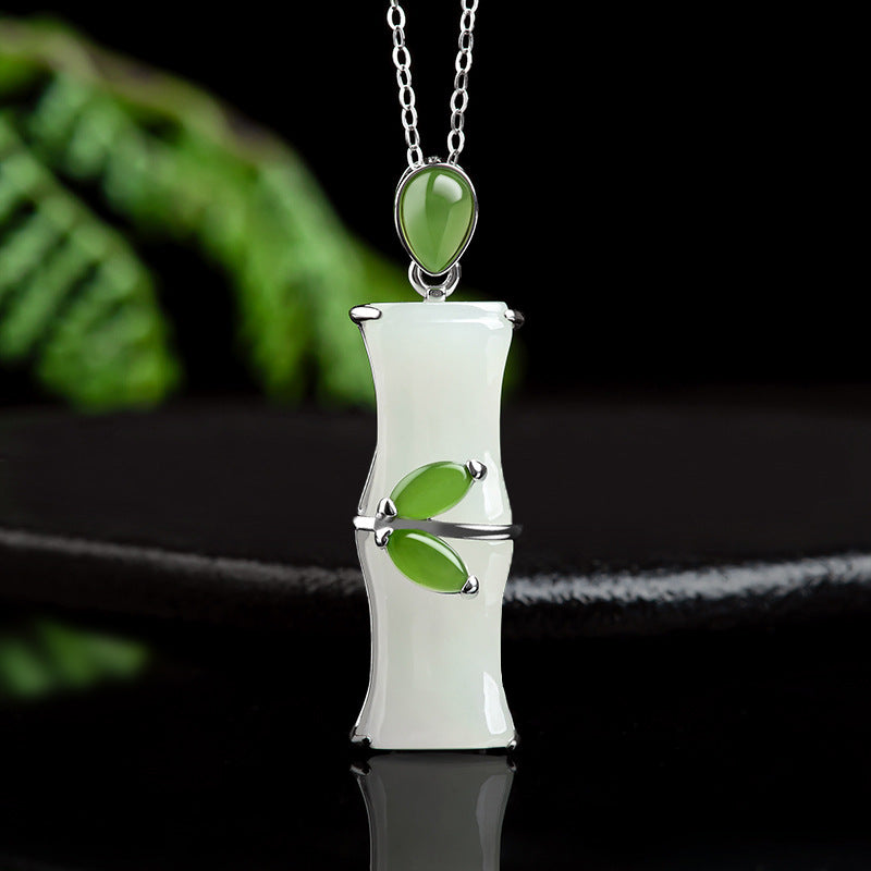 Spinach green material Hetian jade white jade bamboo pendant S925 silver authentic natural jade pendant necklace for men and women Hetian jade