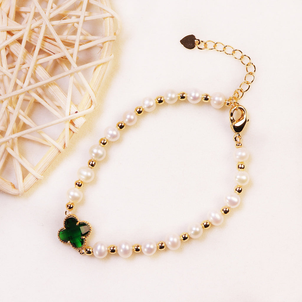 Factory Direct Supply Fresh Water Zhuji Pearl Bracelet Personality Fashion Four Leaves Pearl Bracelet Present to Girl Wholesale Delivery pearl bracelet