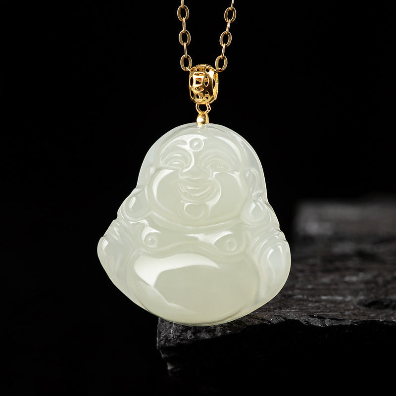 Genuine natural old material Hetian jade Buddha Gong Laughing Buddha jade pendant 18K gold inlaid fashion high-end women's pendant Hetian jade