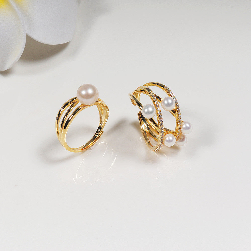 Zhuji Whole Body S925 Silver Pearl Ring Female Special-Interest Design Opening Adjustable Ring Wholesale One Piece Dropshipping Pearl Rings