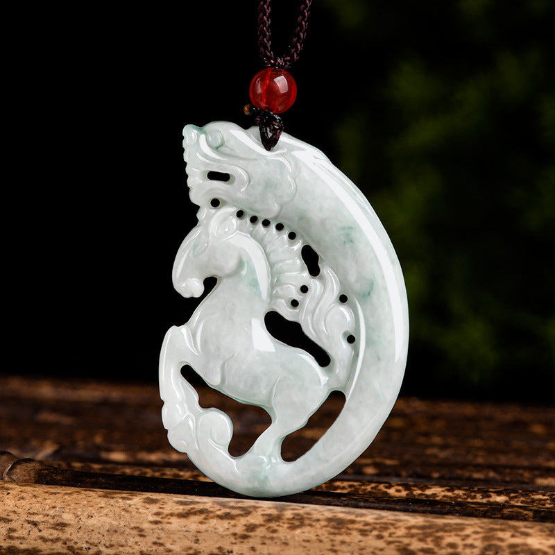 Natural Myanmar jade Antique Dragon Horse Spirit Chinese Zodiac Horse Pendant Waxy Jade Men's Pendant for Women