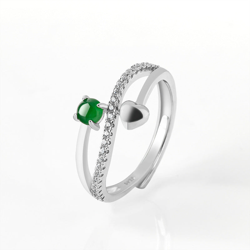 Natural a Cargo Emerald Green Ring Ice Jade Stone S925 Silver Inlay Fashion Ring Women's Simple and Adjustable Jade Rings