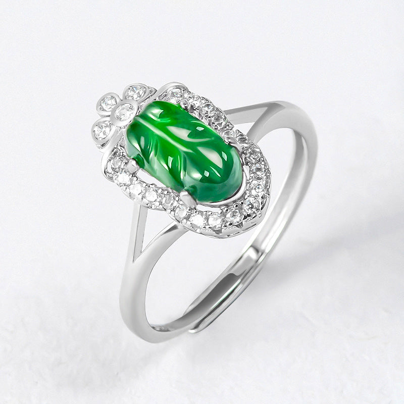 S925 Silver Natural a Cargo Jade Leaves Yang Green Leaves Ice Jade Stone Ring Fashion Ring Women's Adjustable Jade Rings