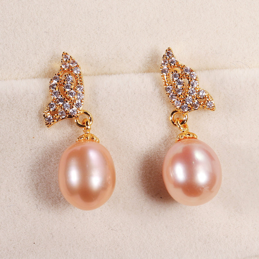 Freshwater Xiaomi Pearl Stud Earrings Zircon Inlaid Fashion Butterfly Pearl Eardrops Earrings Goddess Wholesale Delivery Pearl earrings