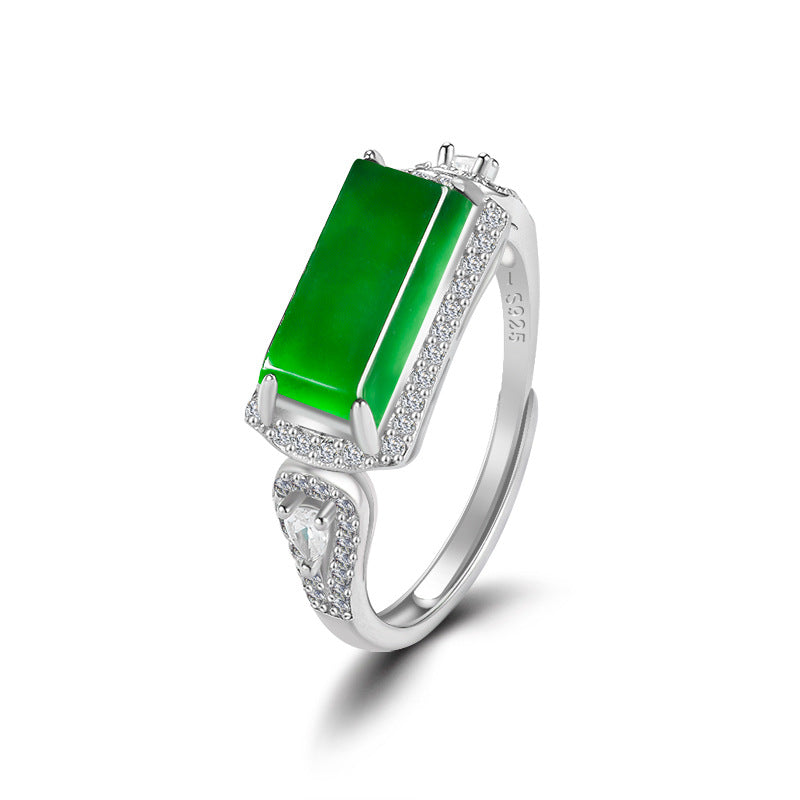 S925 Silver Natural a Cargo Emerald Green Saddle Ring Ice Jade Stone Ring Fashion Ring Women's Adjustable Jade Rings