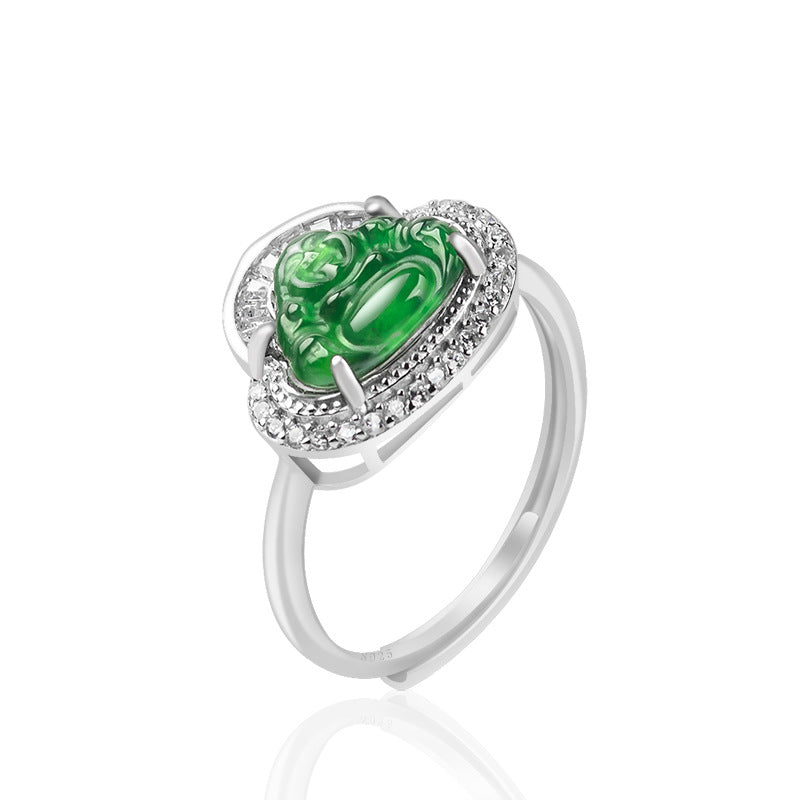 S925 Silver Inlaid Natural a Cargo Emerald Green Buddha Jade Ring Fashion High-End Women Adjustable Women's Ring Jade Rings