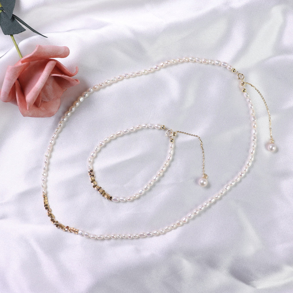 Small Petty Gold Ins Style Sweet Cool Light Luxury Freshwater Pearl Bracelet Necklace S925 Tail Chain Small Rice-Shaped Beads Suit Female Wholesale pearl bracelet