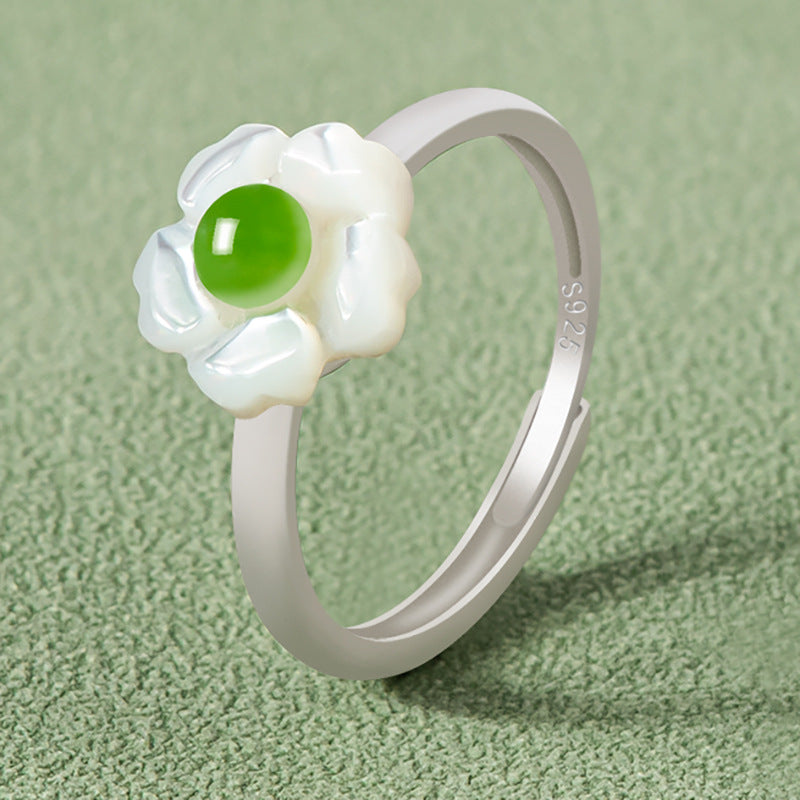 Natural Hetian Jade Green Jade White Rose Fritillary Rings Ear Studs Suit Fresh S925 Silver Inlaid Women's Fashion Jade Rings