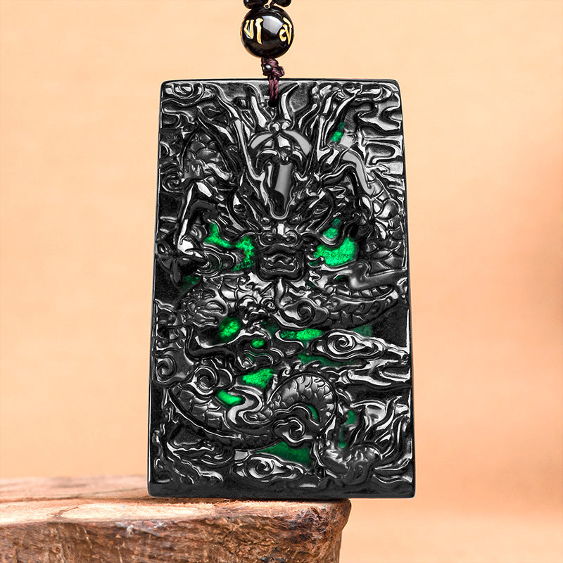 Natural a Cargo Jade Black Jadeite Domineering Dragon King Dragon Jade Pendant Zodiac Dragon Ice-like Pendant Men's and Women's Necklace