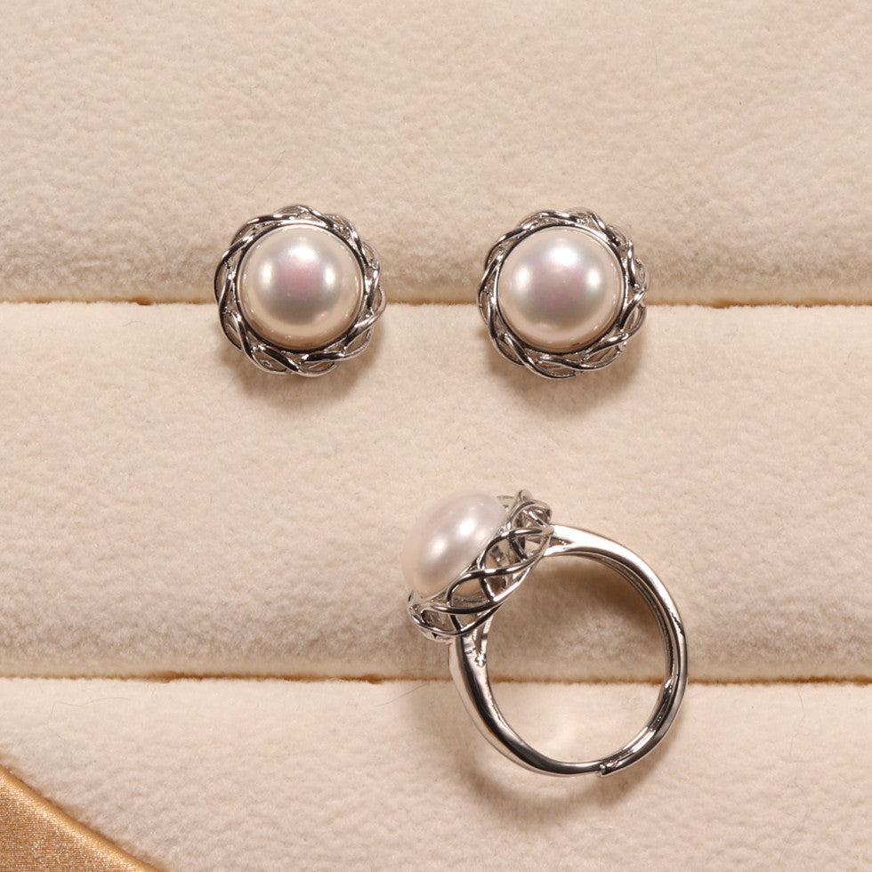 Simple Accessories Fresh Water Pearl Suit Double Layer Spiral Pearl Ear Stud and Ring Female One Piece Dropshipping Pearl Sest