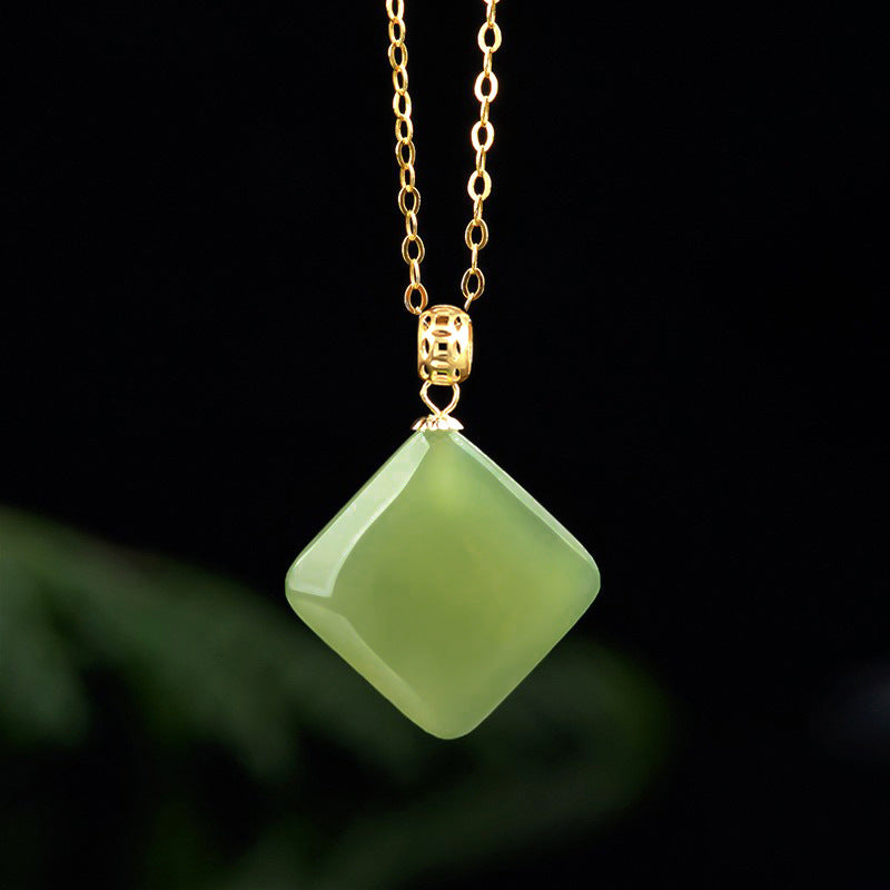 Natural old Hotan Jade sapphire square pendant genuine 18K gold inlaid white jade necklace pendant for women Hetian jade