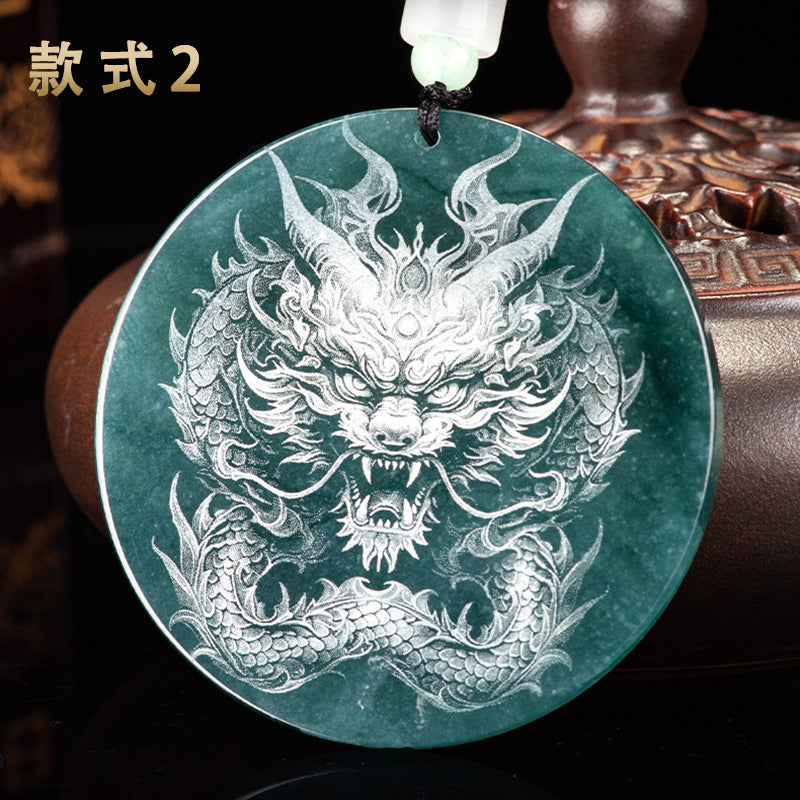 Genuine Goods Natural a Cargo Jade Blue Dragon King Shadow Engraving Ice Jade Pendant Zodiac Dragon Men's and Women's Pendant Jade Pendant